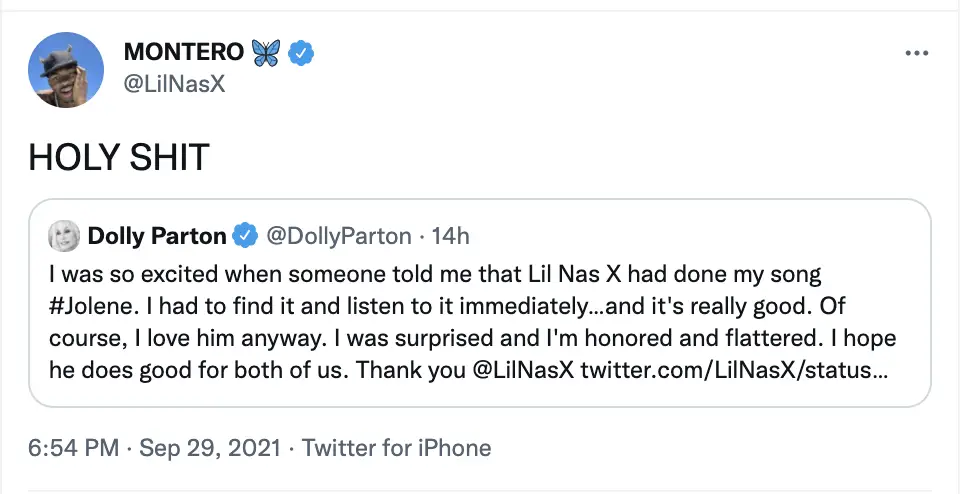 Dolly Parton responds to Lil Nas X's cover of 'Jolene' in the best way
