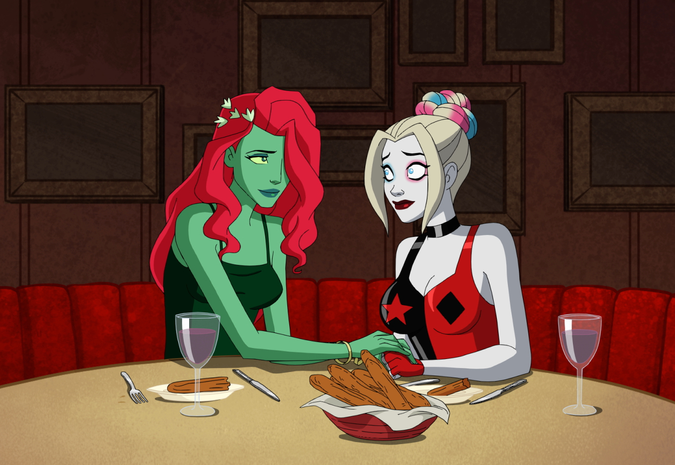 Poison Ivy and Harley Quinn having a romantic dinner in Harley Quinn: A Very Problematic Valentine's Day Special