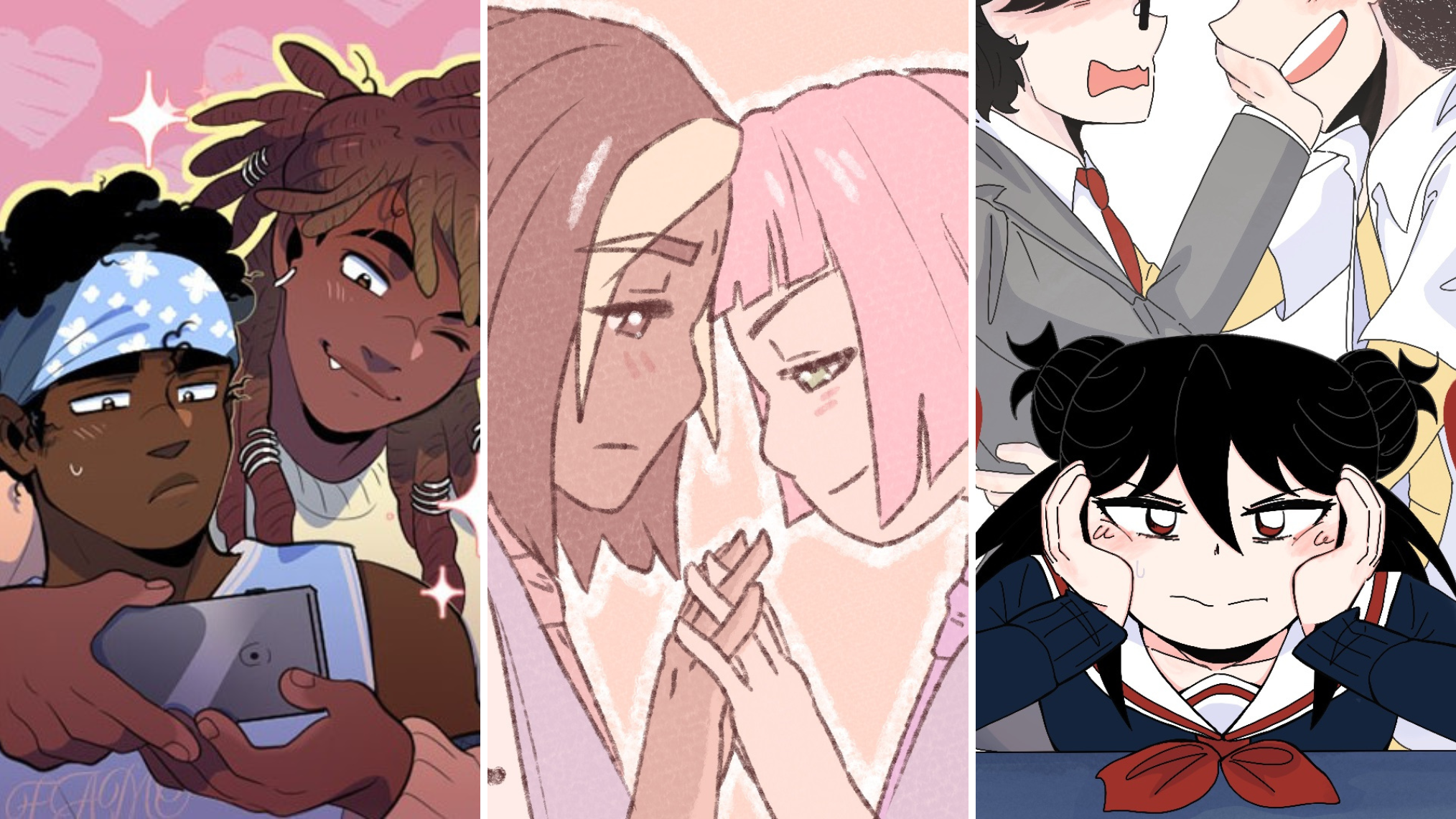 Queerly Not Straight: 7 LGBTQ+ Webtoons You Should Read in 2023 post that includes images by Daybreak by Moosopp, It's Okay to Like Girls by Jehded Waffles and My Brother's (Not So) Secret Boyfriend by metaromantic