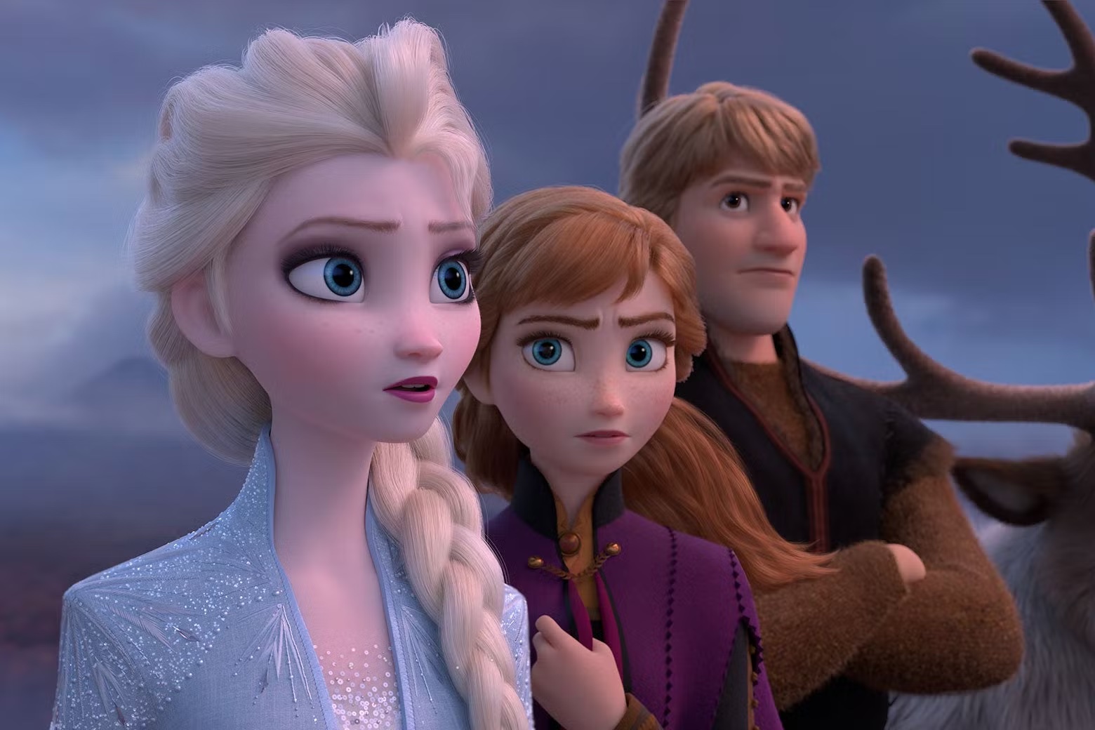 Still from Frozen 2 that includes Elsa, Anna and Kristoff