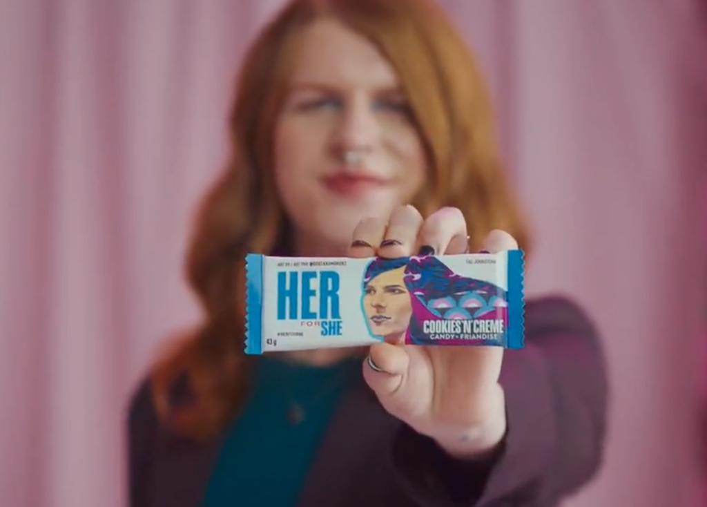 Fae Johnstone, a transgender woman, for Hershey's “Her for She” campaign that is making TERFs mad