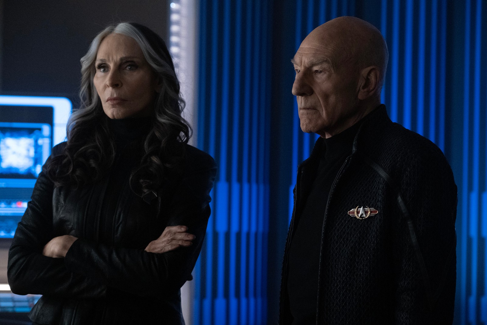 Gates McFadden as Dr. Beverly Crusher and Patrick Stewart as Picard in "Vox" Episode 309, Star Trek: Picard on Paramount+. Photo Credit: Trae Patton/Paramount+. ©2021 Viacom, International Inc. All Rights Reserved.
