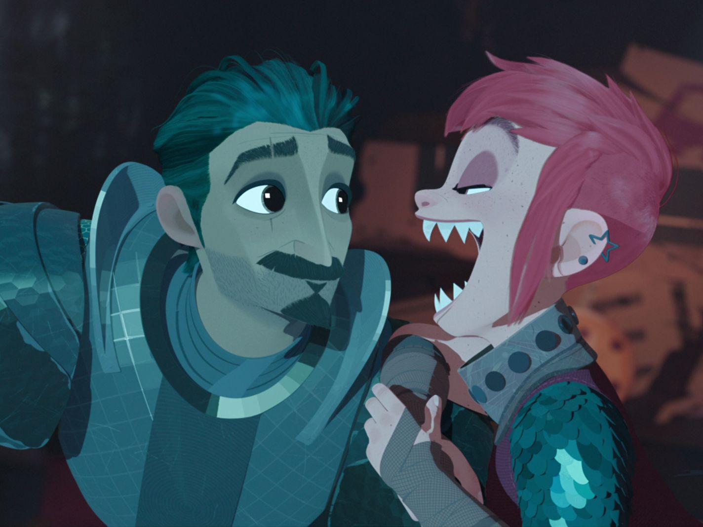 NIMONA - A Knight (Riz Ahmed) is framed for a crime he didn't commit and the only person who can help him prove his innocence is Nimona (Chloë Grace Moretz), a shape-shifting teen who might also be a monster he's sworn to kill. Set in a techno-medieval world unlike anything animation has tackled before, this is a story about the labels we assign to people and the shapeshifter who refuses to be defined by anyone. Cr: Netflix © 2023