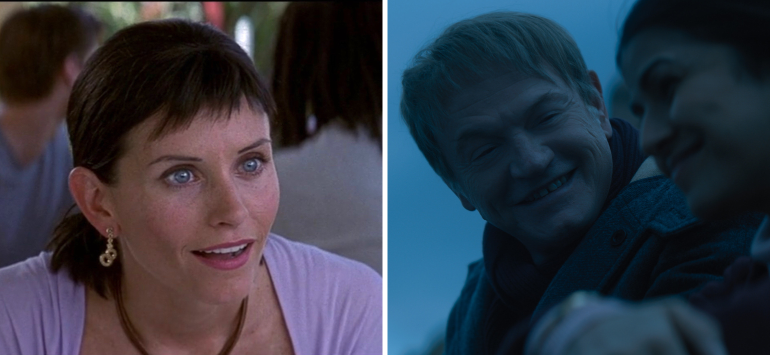 Foundation 2x06. Right: Jared Harris and Nimrat in "Foundation," courtesy of Apple TV+. Left: Courteney Cox in Scream 3, screenshot courtesy of Paramount+.