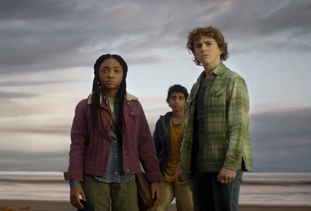 Walker Scobell, Leah Sava Jeffries, and Aryan Simhadri in Percy Jackson and the Olympians