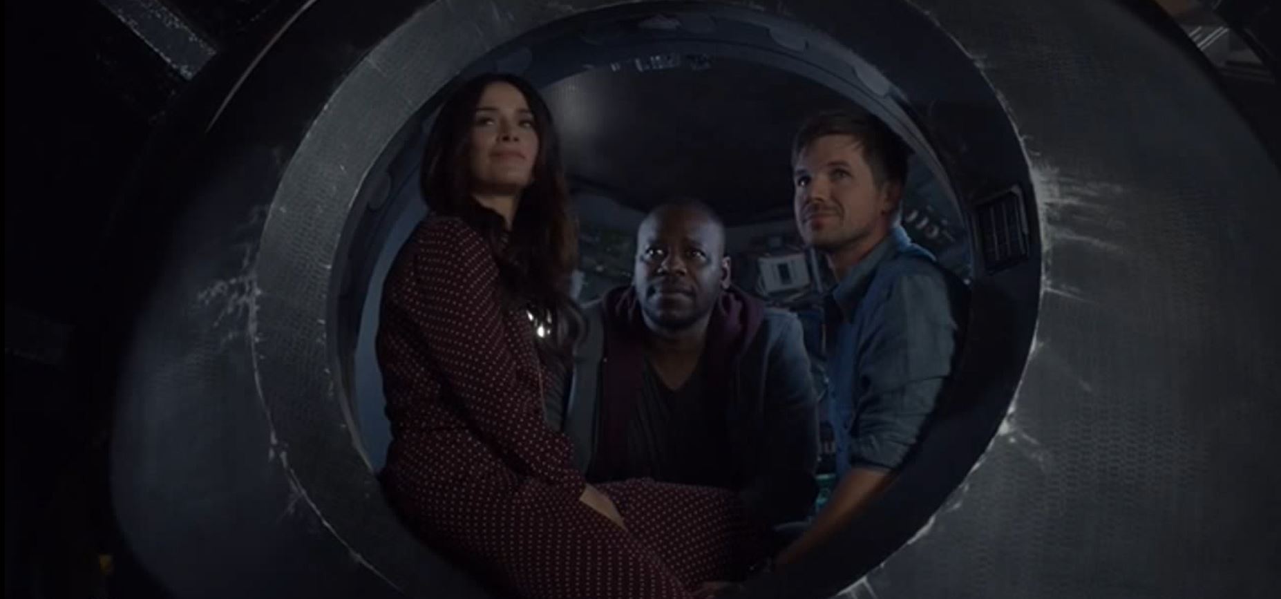 Abigail Spencer as Lucy, Malcolm Barrett as Rufus, and Matt Lanter as Wyatt in Timeless 2x12. Courtesy of NBC.