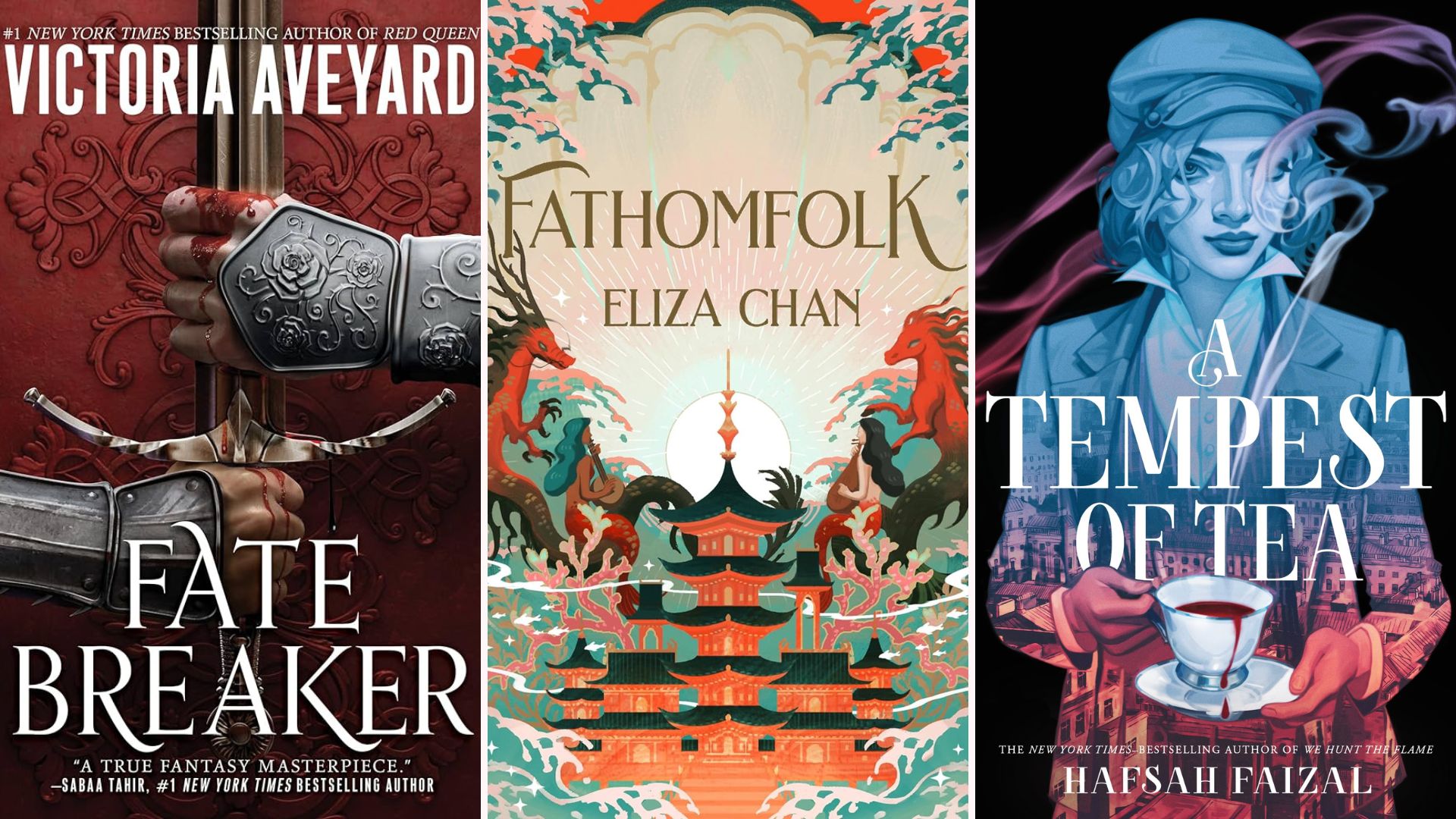 Trifold image of book covers for Best Fantasy Books of February 2024: Fate Breaker, Fathomfolk, and A Tempest of Tea