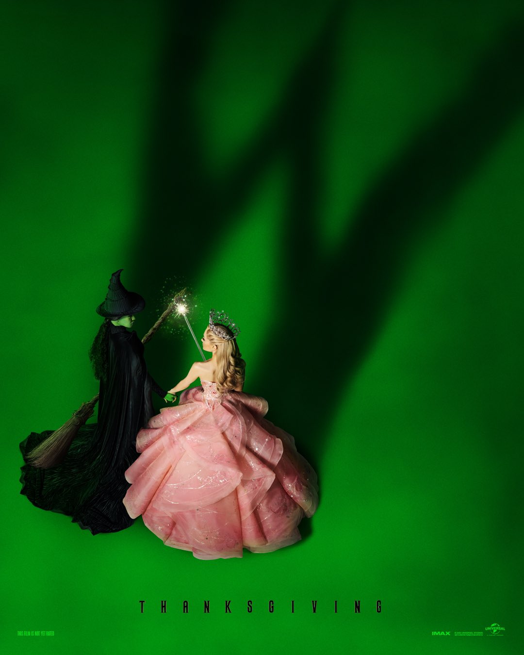 Cynthia Erivo and Ariana Grande as Elphaba and Glinda from 'Wicked' form shadow in shape of "W"