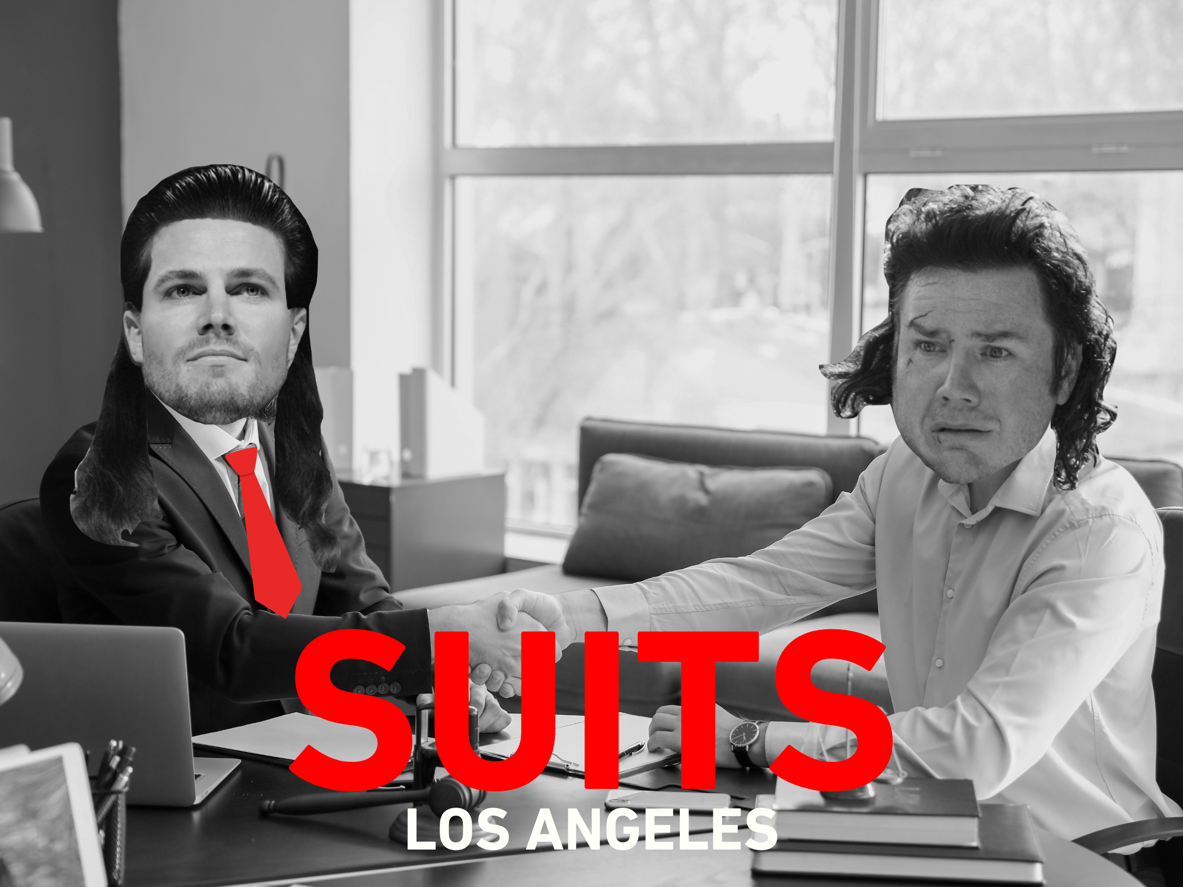 Stephen Amell and Josh McDermitt in a mockup of Suits LA