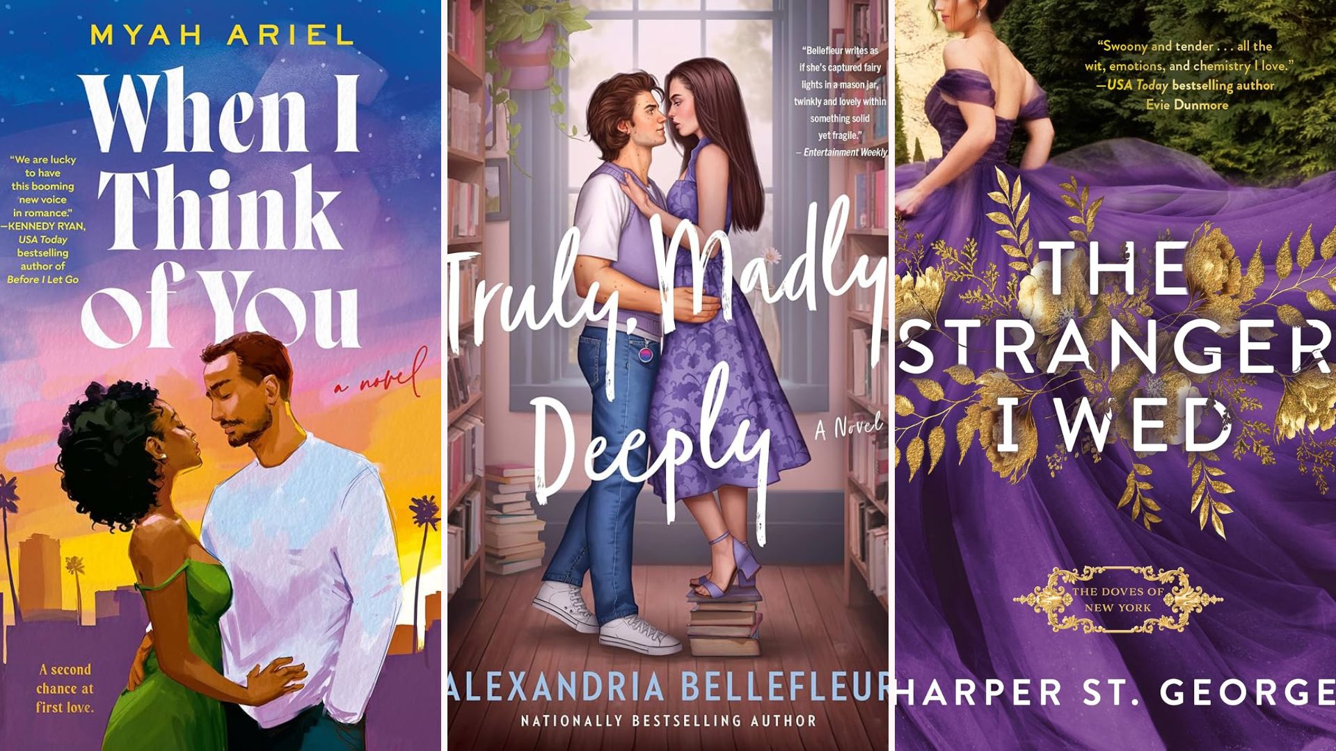 Book covers for When I Think of You, Truly Madly Deeply, and The Stranger I Wed