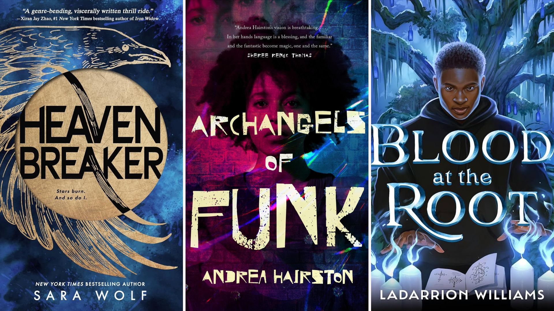 Book covers for Heavenbreaker, Archangels of Funk, and Blood at the Root