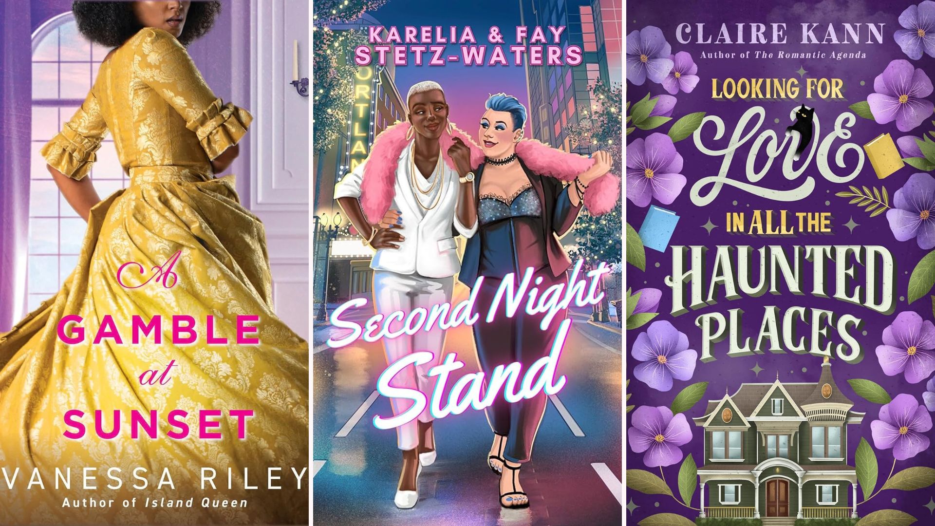 Book covers for A Gamble at Sunset, Second Night Stand, and Looking for Love in All the Haunted Places