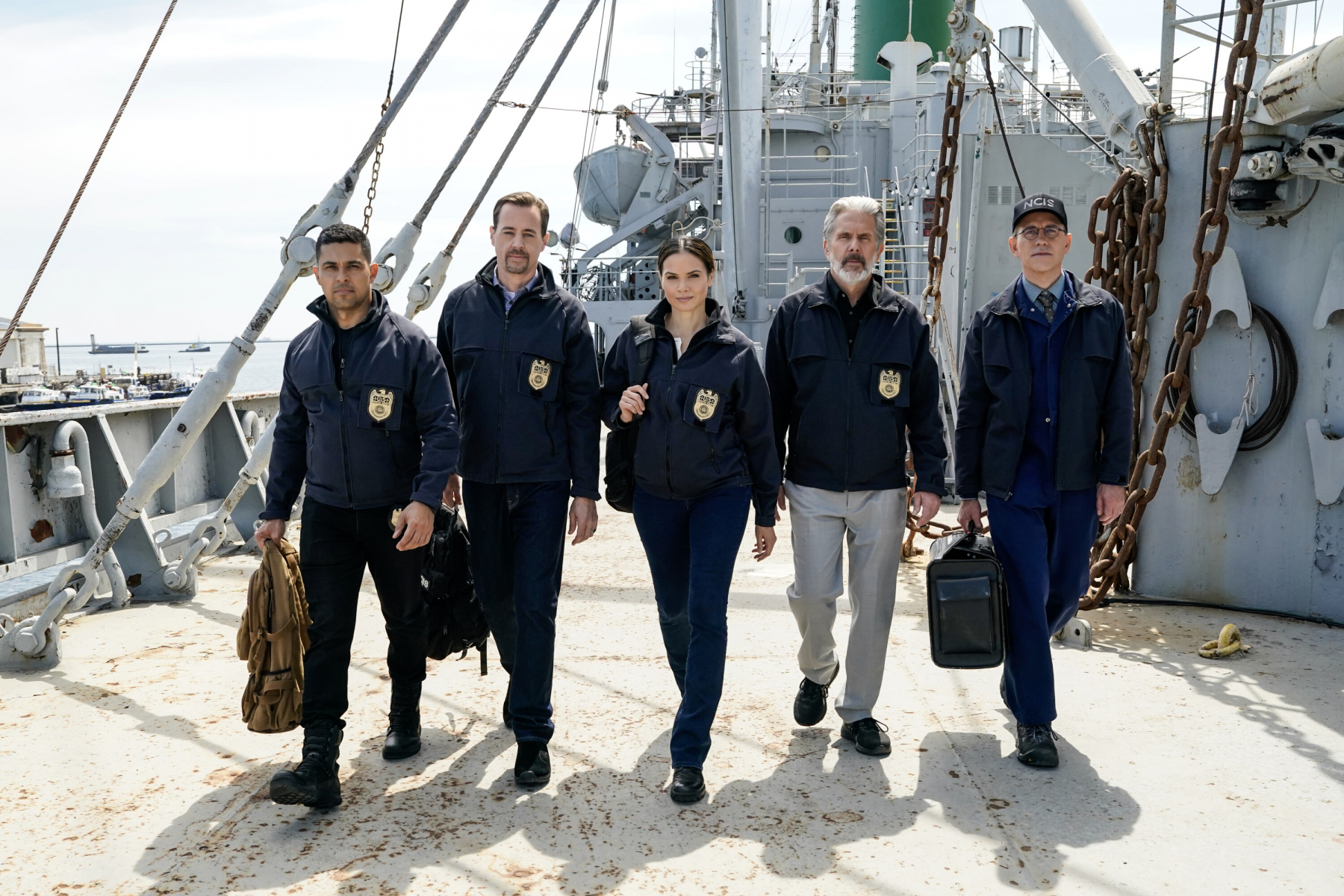 Wilmer Valderrama as Nicholas “Nick” Torres, Sean Murray as Timothy McGee, Katrina Law as Jessica Knight, Gary Cole as Alden Parker, and Brian Dietzen as Jimmy Palmer on NCIS.