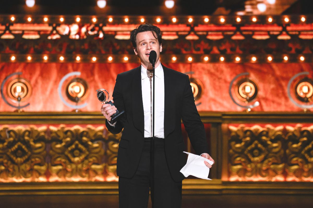 Actor Jonathan Groff accepts his Tony Award for Merrily We Roll Along. (Photo Credit: Courtesy of CBS.)