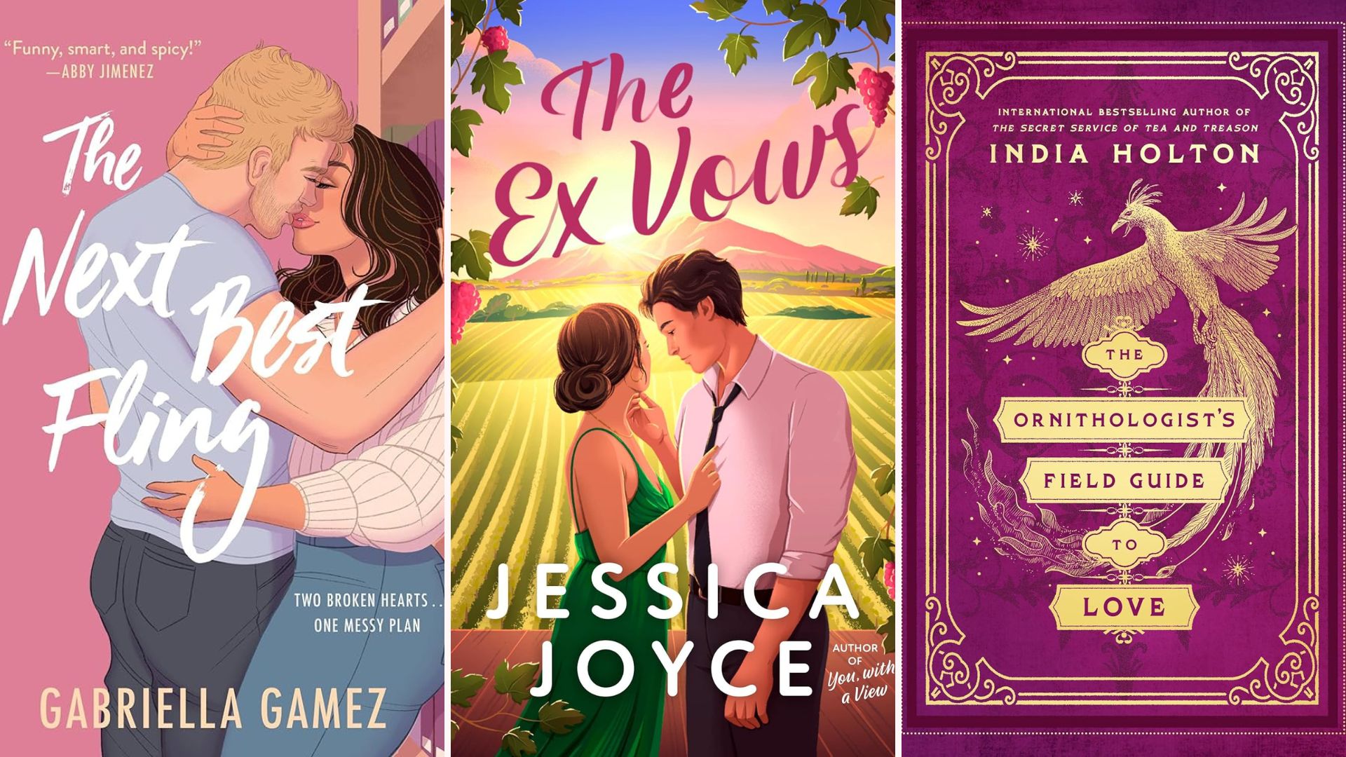 Book covers for The Next Best Fling, The Ex Vows, and The Ornithologist's Field Guide to Love