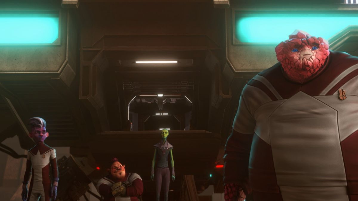 Brett Gray as Dal, Jason Mantzoukas as Jankom Pog, Angus Imrie as Zero, and Rylee Alazraqui as Rok-Tahk in Star Trek: Prodigy 2x09 "The Devourer of All Things, Part 1."