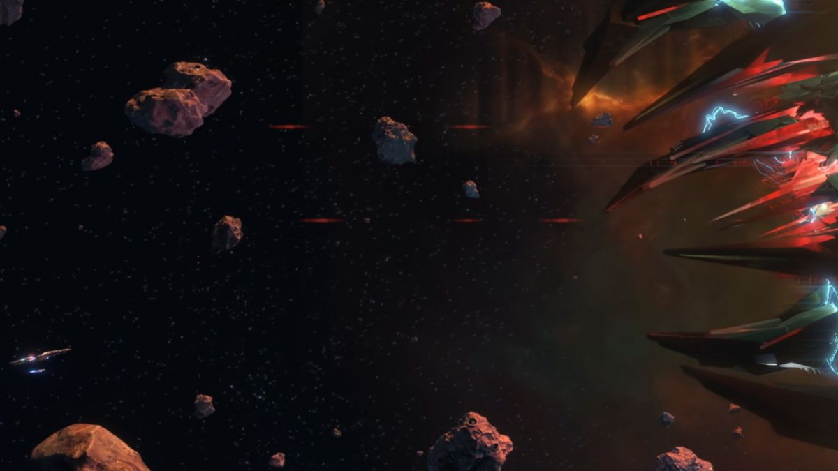 The Starships Voyager and Protostar versus Ascencia's ship in Star Trek: Prodigy 2x15 "Ascension, Part 1."