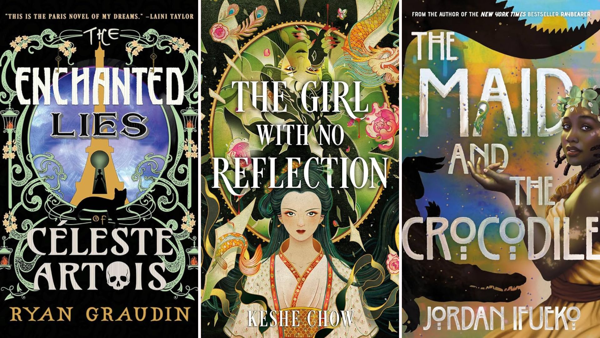 Book covers for The Enchanted Lies of Celeste Artois, The Girl with No Reflection, and The Maid and the Crocodile