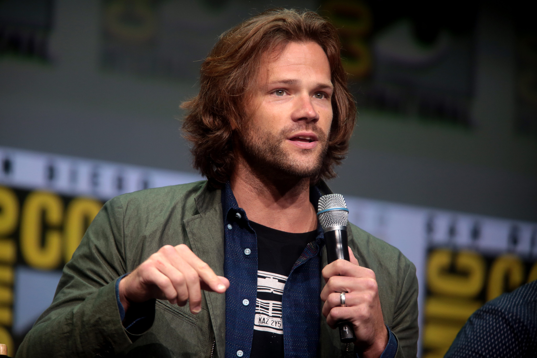 Jared Padalecki speaking at the 2017 San Diego Comic Con International, for "Supernatural", at the San Diego Convention Center in San Diego, California.