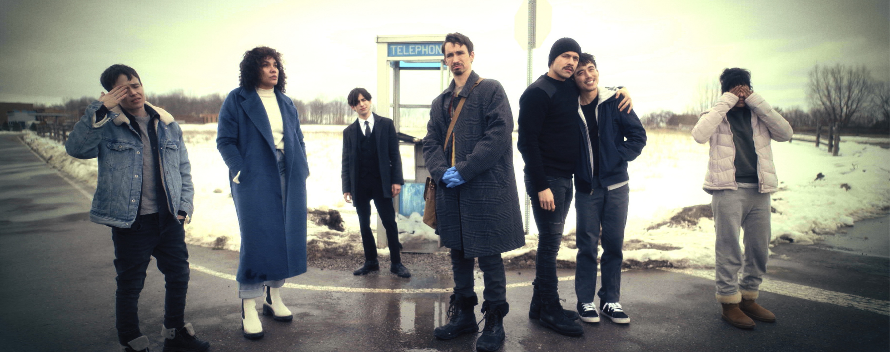 The Umbrella Academy. (L to R) Elliot Page as Viktor Hargreeves, Emmy Raver-Lampman as Allison Hargreeves, Aidan Gallagher as Number Five, Robert Sheehan as Klaus Hargreeves, David Castañeda as Diego Hargreeves, Justin H. Min as Ben Hargreeves, Ritu Arya as Lila Pitts in episode 406 of The Umbrella Academy. Cr. Courtesy of Netflix © 2024