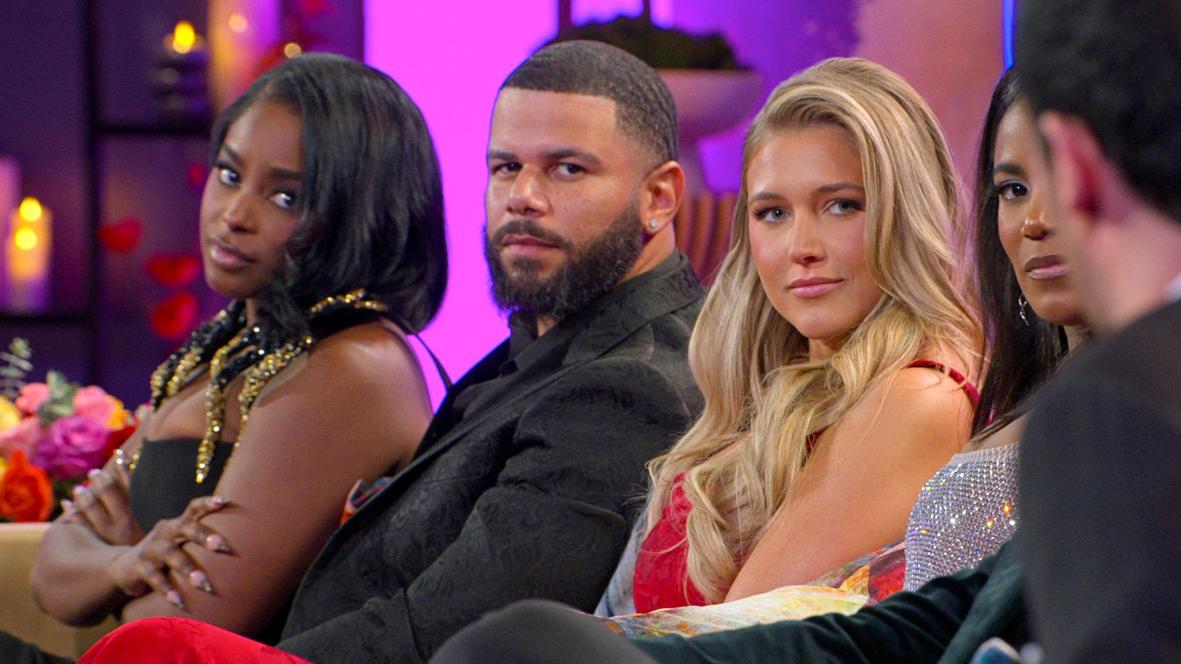 Love Is Blind. (L to R) Ashley Adionser, Tyler Frances, Hannah Jiles, Marissa George in episode 713 of Love Is Blind. Cr. Courtesy of Netflix © 2024