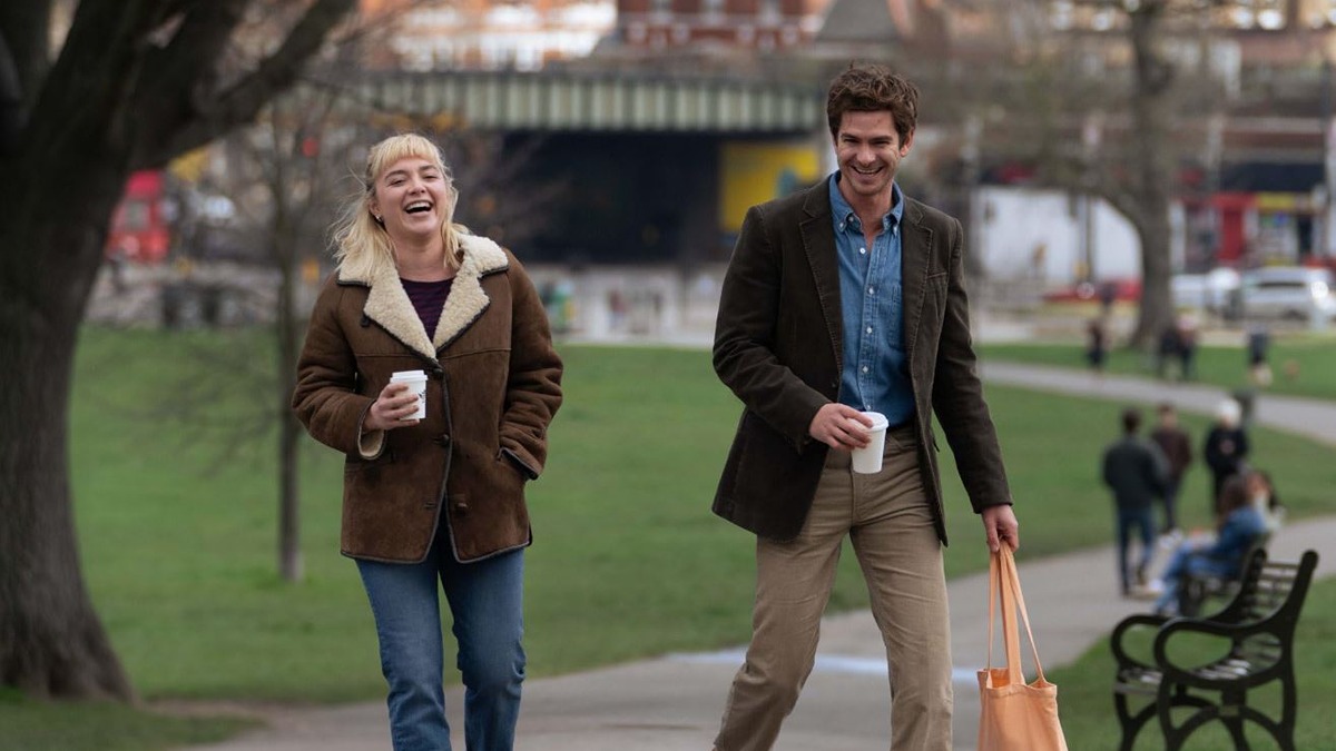 Florence Pugh as Almut and Andrew Garfield as Tobias in We Live In Time. Courtesy of A24.