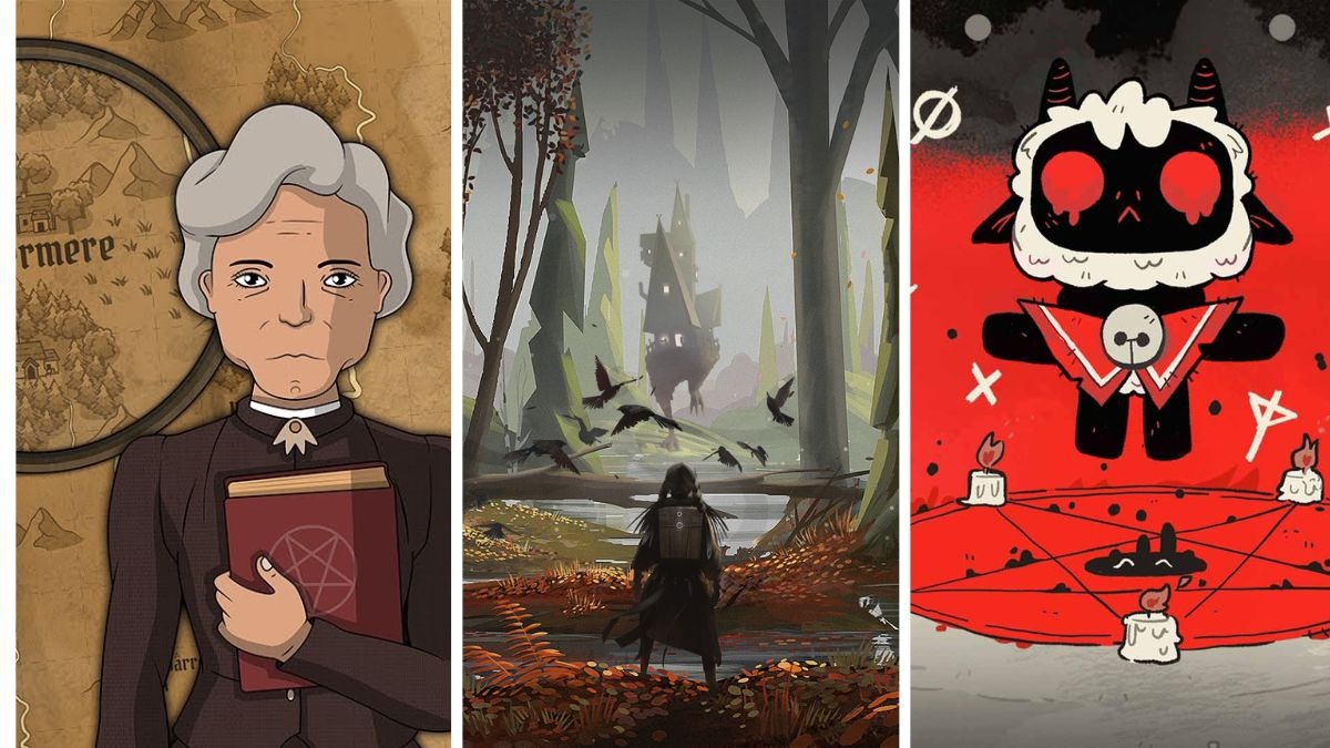 A collage image of art from Strange Horticulture, Reka, and Cult of the Lamb.