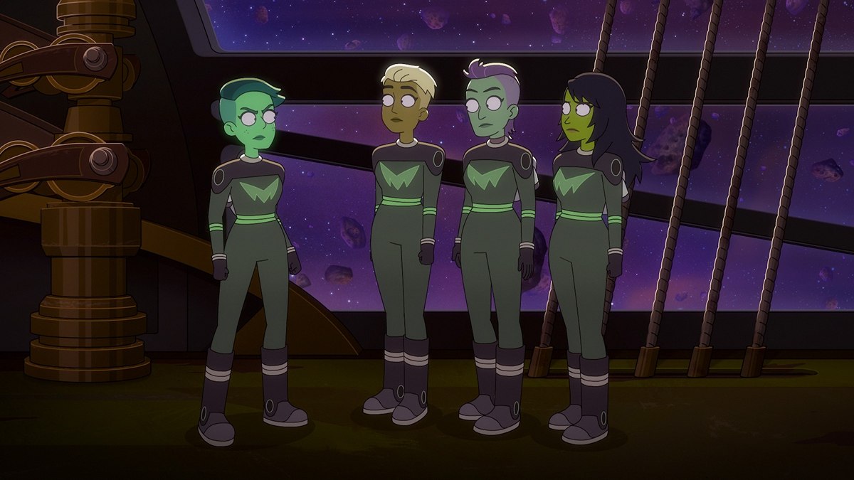 Noël Wells as D'Vana Tendi and her crew in Star Trek: Lower Decks 5x02 "Shades of Green."