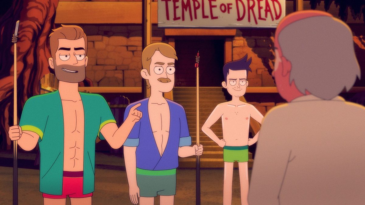 Jerry O'Connell as Ransom, Paul Scheer as Billups, and Jack Quaid as Boimler in Star Trek: Lower Decks Season 5 episode 3 "The Best Exotic Nanite Hotel."