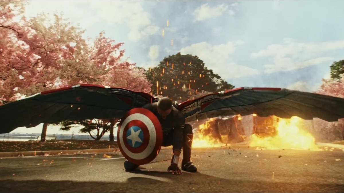 Captain America/Sam Wilson (Anthony Mackie) in a landing pose in "Captain America: Brave New World"