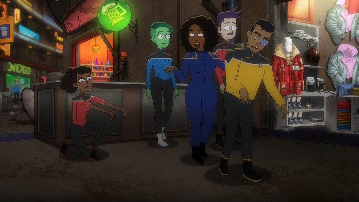 Tawny Newsome as Mariner, Noël Wells as Tendi, Nicole Byer as Kassia Nox, Jack Quaid as Boimler, and Eugene Cordero as Rutherford in Star Trek: Lower Decks season 5 episode 5 "Starbase80?!"