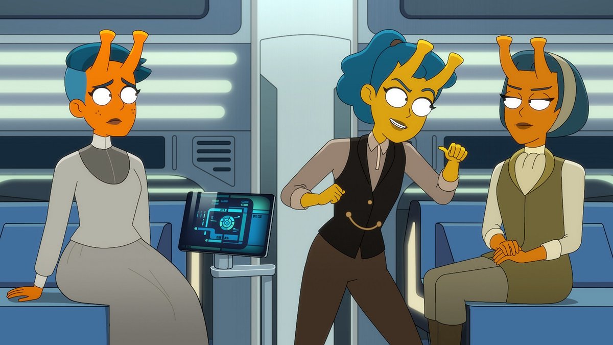 Noël Wells as Tendi, Tawny Newsome as Mariner, and Gabrielle Ruiz as T'Lyn in Star Trek: Lower Decks season 5 episode 7 "Fully Dilated."