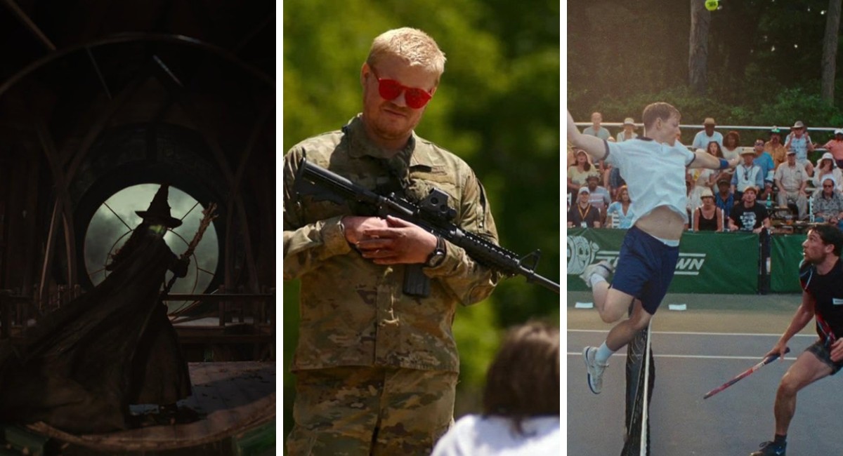 Cynthia Erivo as Elphaba in Wicked, Jesse Plemons in Civil War, Mike Faist as Art and Josh O'Connor as Patrick in Challengers. Courtesy of Universal, A24, and MGM.