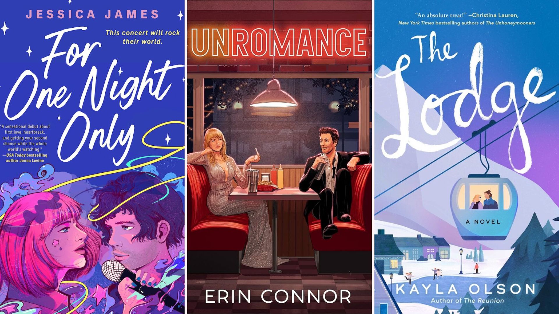 Book covers for For One Night Only, Unromance, and The Lodge