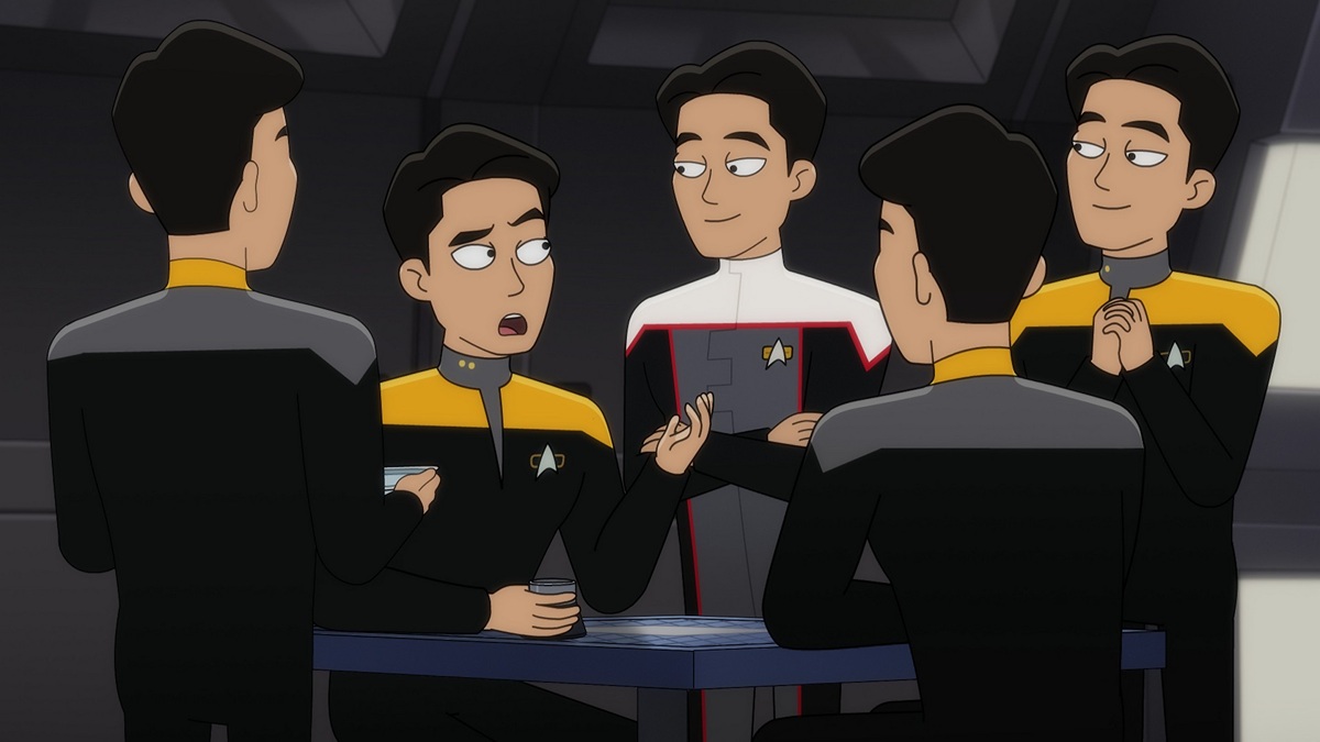 Garrett Wang as Harry Kim (all of them) in Star Trek: Lower Decks season 5 episode 9 "Fissure Quest."
