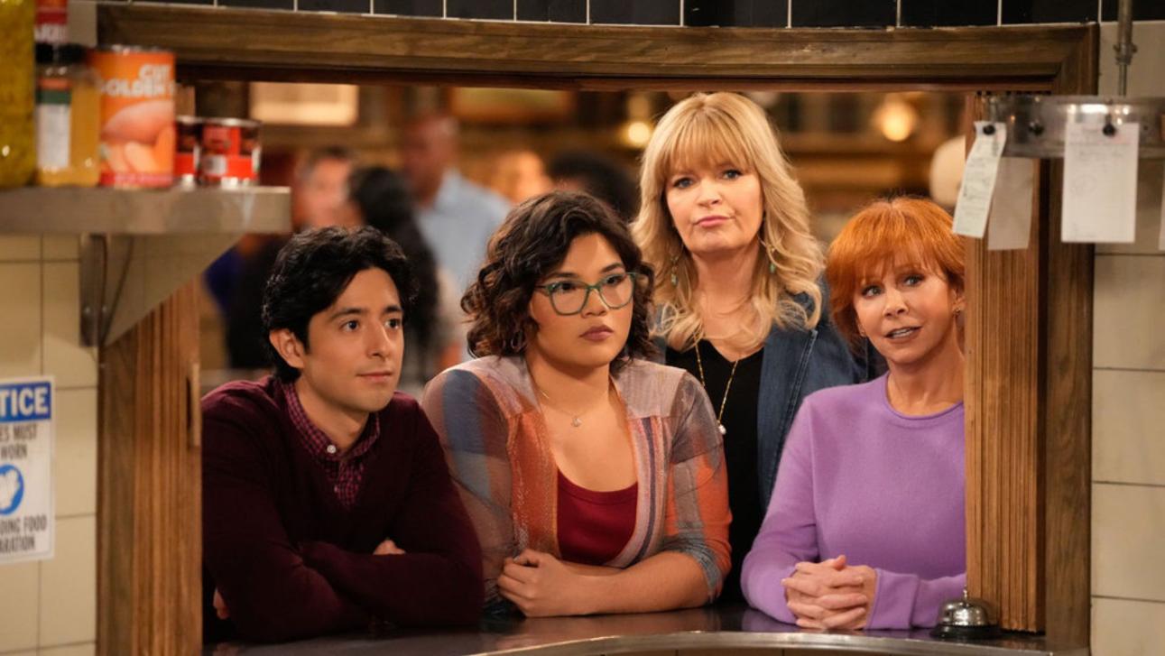 HAPPY'S PLACE -- "Heart of the Matter" Episode 111 -- Pictured: (l-r) Pablo Castelblanco as Steve, Belissa Escobedo as Isabella, Melissa Peterman as Gabby, Reba McEntire as Bobbie -- (Photo by: Casey Durkin/NBC)