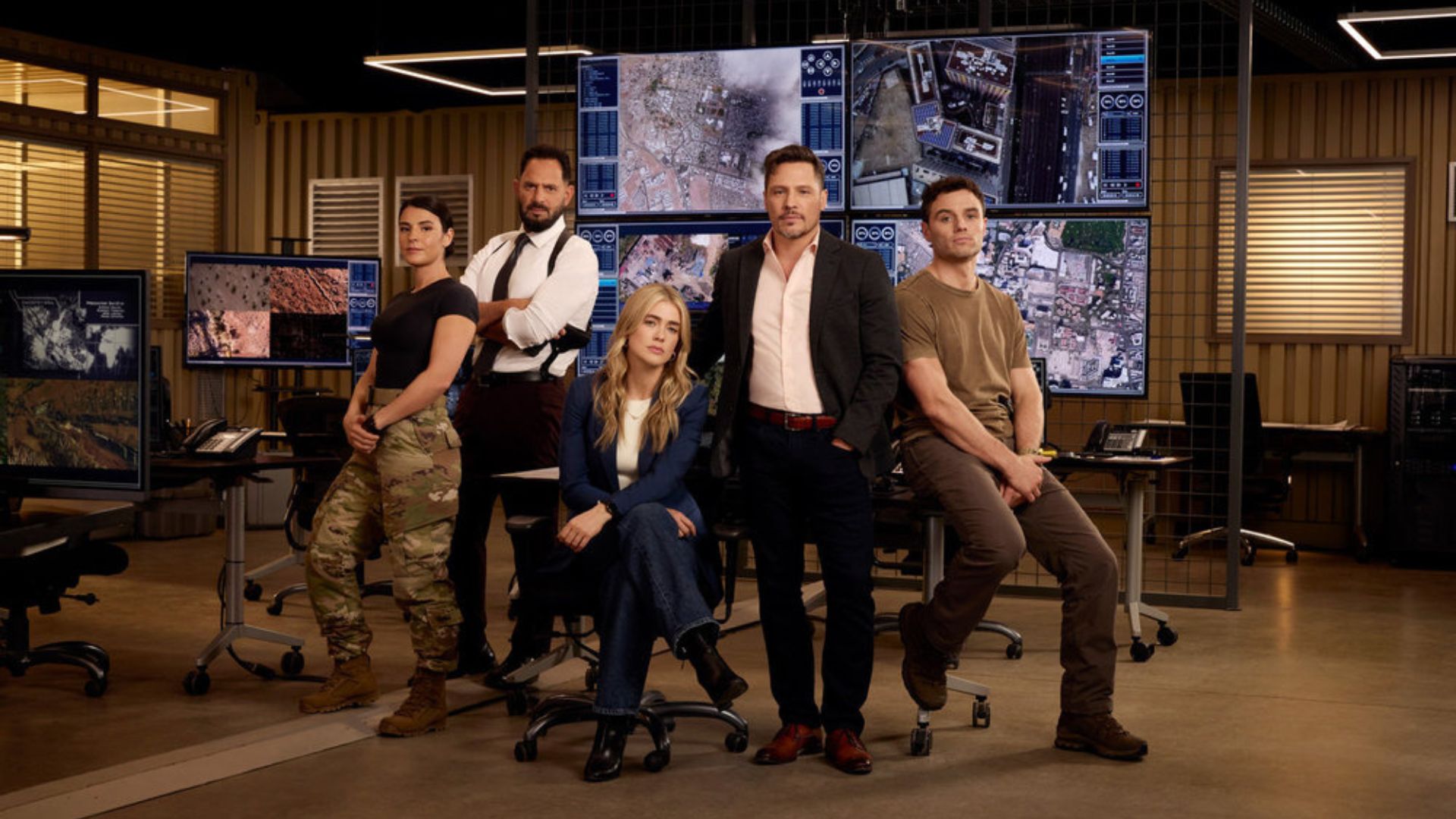 THE HUNTING PARTY -- Season: 1 -- Pictured: (l-r) Sara Garcia as Jennifer Morales, Patrick Sabongui as Jacob Hassani, Melissa Roxburgh as Rebecca Henderson, Nick Wechsler as Oliver Odell, Josh McKenzie as Shane Florence -- (Photo by: Lindsay Siu/NBC)