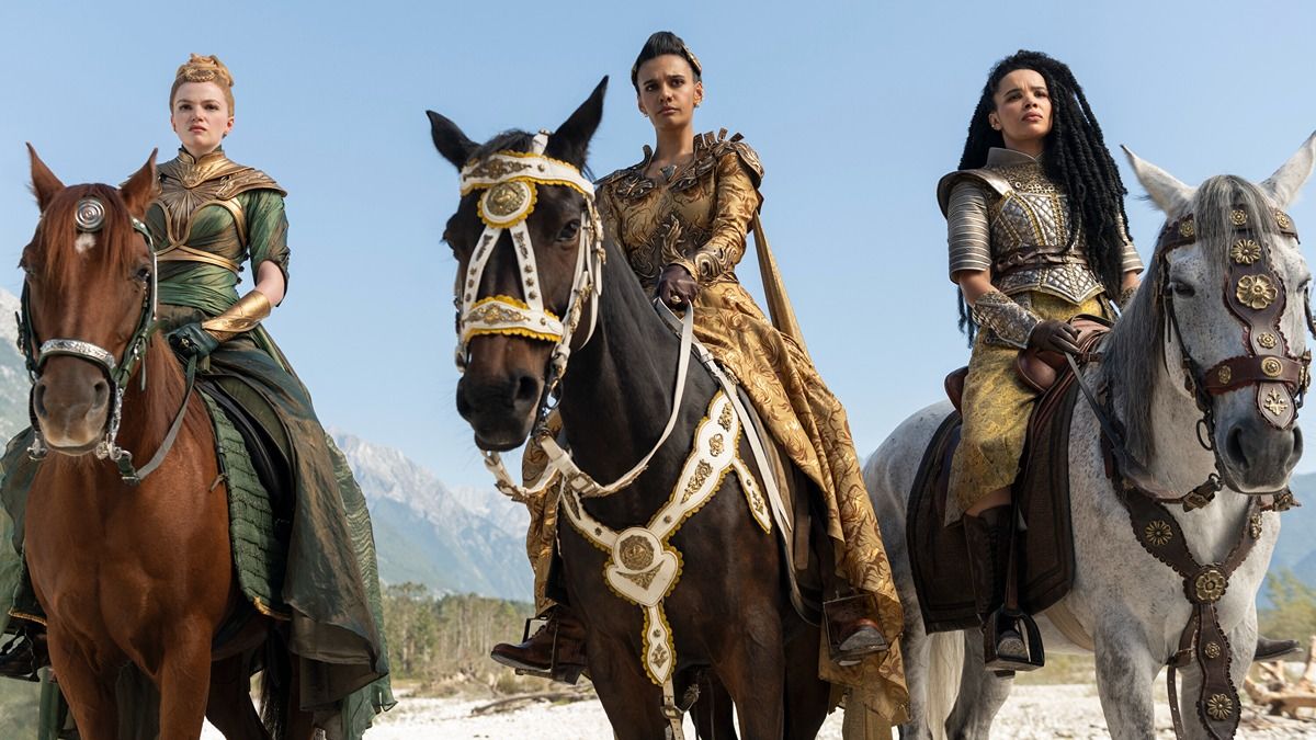 Ceara Coveney as Elayne, Madeleine Madden as Egwene, and Zoe Robins as Nynaeve in The Wheel of Time season 3. Courtesy of Prime Video.