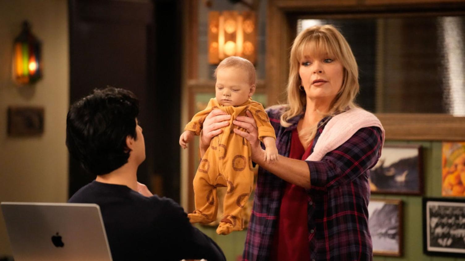 HAPPY'S PLACE -- "Baby Doll" Episode 113 -- Pictured: (l-r) Pablo Castelblanco as Steve, Melissa Peterman as Gabby -- (Photo by: Casey Durkin/NBC)