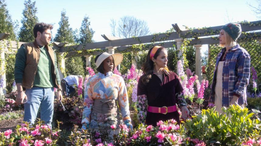 GROSSE POINTE GARDEN SOCIETY -- "Plant Parenthood" Episode 106 -- Pictured: (l-r) Ben Rappaport as Brett, Aja Naomi King as Catherine, Melissa Fumero as Birdie, AnnaSophia Robb as Alice -- (Photo by: Tina Rowden/NBC)