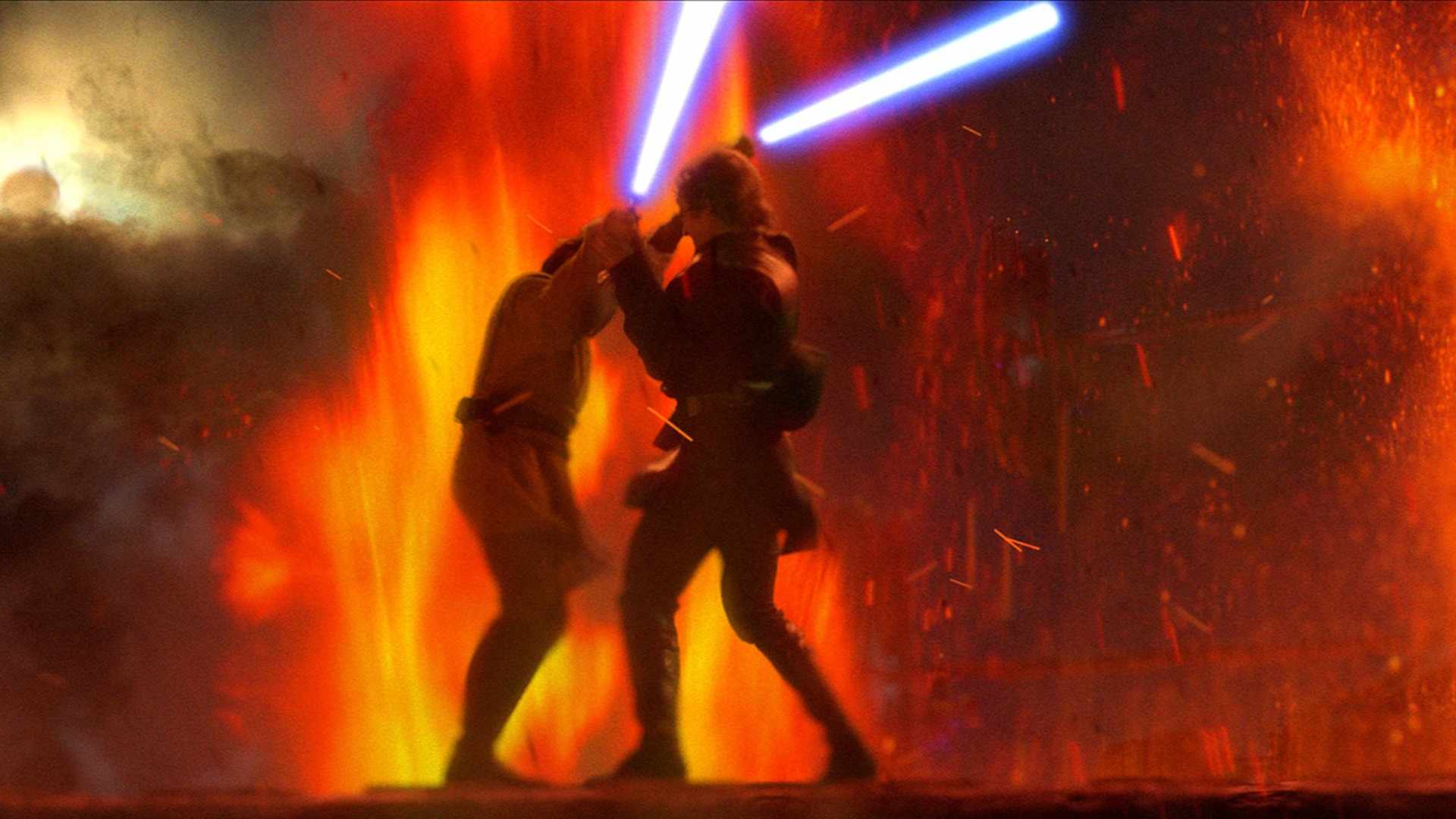 Ewan McGregor as Obi-Wan and Hayden Christensen as Anakin in Star Wars: Revenge of the Sith. Courtesy of Lucasfilm and Disney.