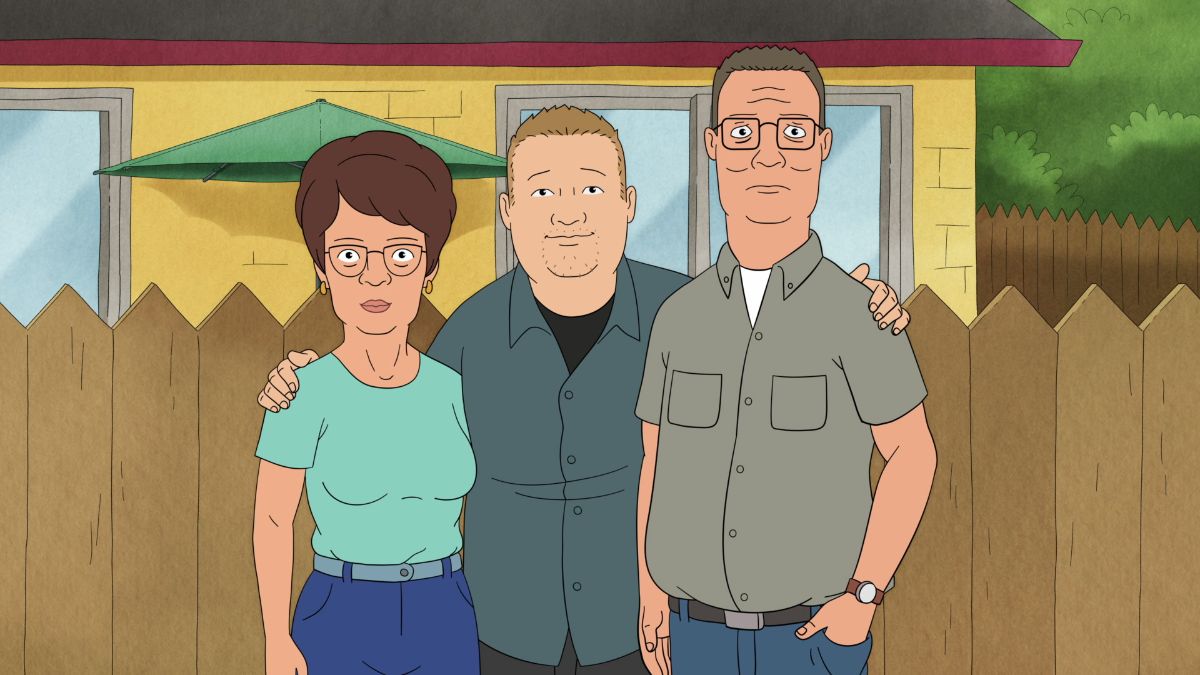 An older Peggy Hill, adult Bobby Hill and older Hank Hill from Hulu's King of the Hill