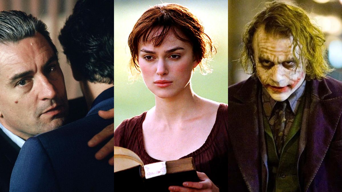 Collage of GoodFellas, Pride & Prejudice, and The Dark Knight characters