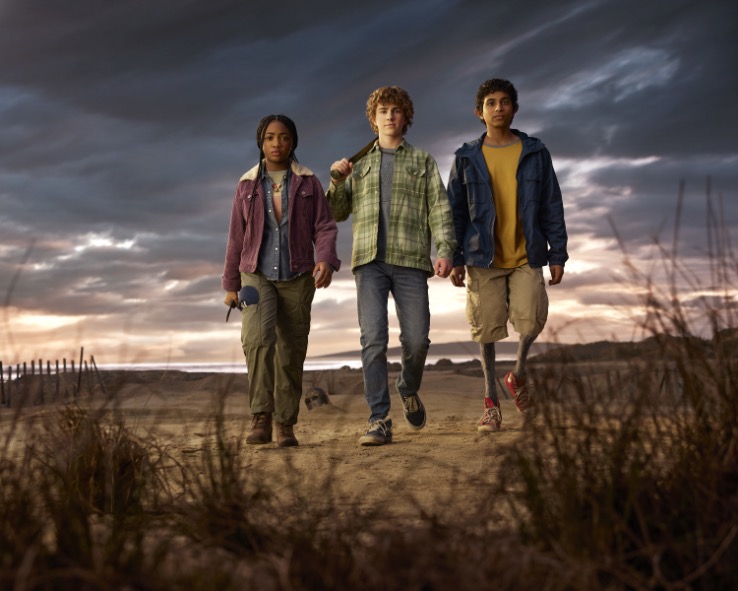 PERCY JACKSON AND THE OLYMPIANS - Disney's "Percy Jackson and the Olympians" stars Walker Scobell as Percy Jackson, Leah Sava Jeffries as Annabeth Chase, and Aryan Simhadri as Grover Underwood. (Disney/Matthias Clamer)