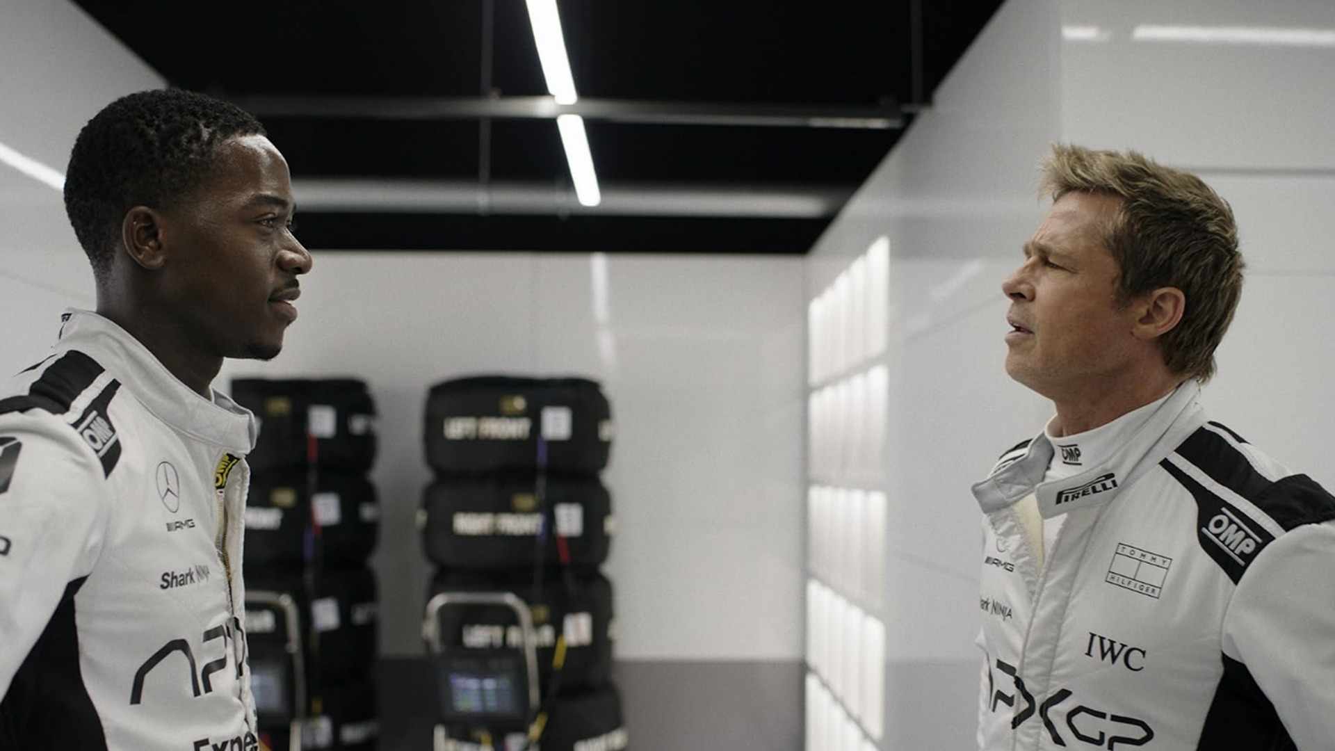 Damson Idris as Joshua and Brad Pitt as Sonny in F1: The Movie. Courtesy of Warner Bros and Apple Films.