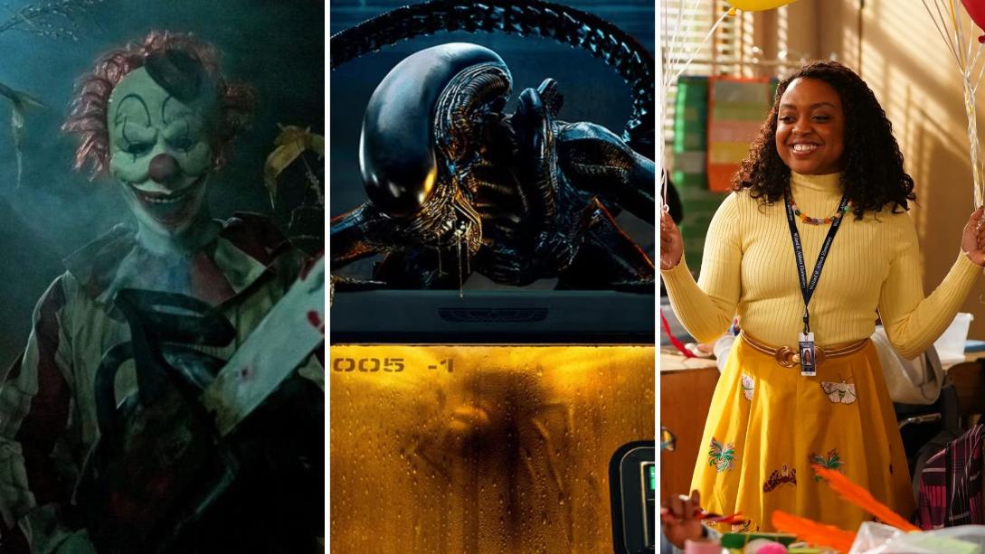 Clown in a Cornfield, Alien: Earth, and Abbott Elementary collage for SDCC activations