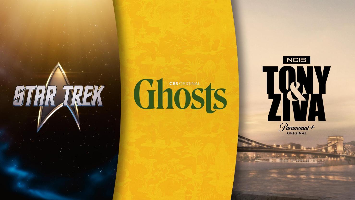 Header for Paramount+ SDCC Panel announcements featuring Star Trek universe, Ghosts, and NCIS: Tony & Ziva
