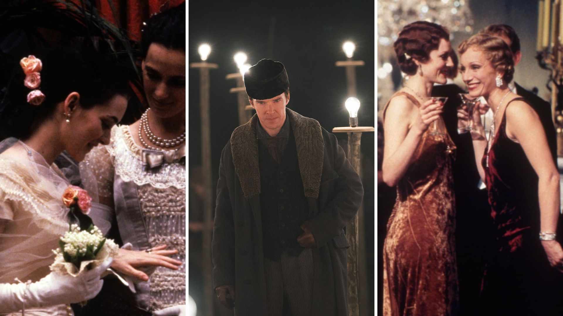 Winona Ryder as May in The Age of Innocence, Benedict Cumberbatch as Thomas Edison in The Current War, and Kristin Scott Thomas as Sylvia in Gosford Park. Photos courtesy of Columbia Pictures, The Weinstein Co, and USA Films.
