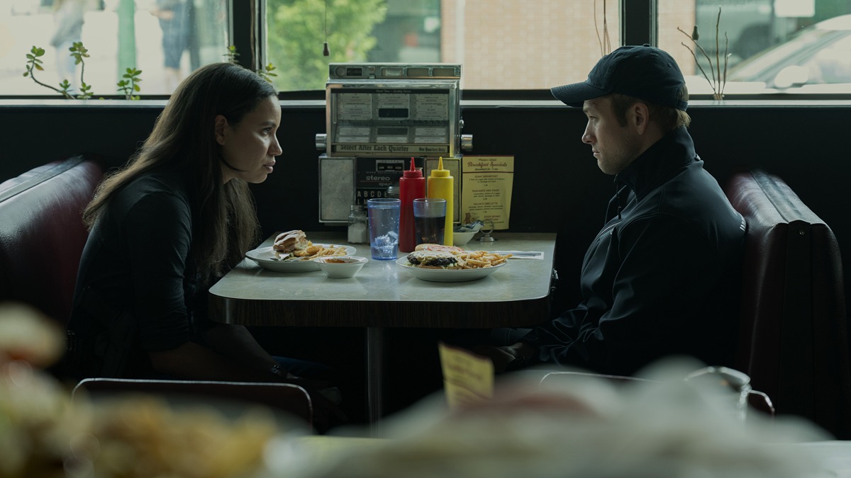 Jurnee Smollett as Michelle Calderone and Taron Egerton as Dave Gudsen in 'Smoke' episode 8 on Apple TV+