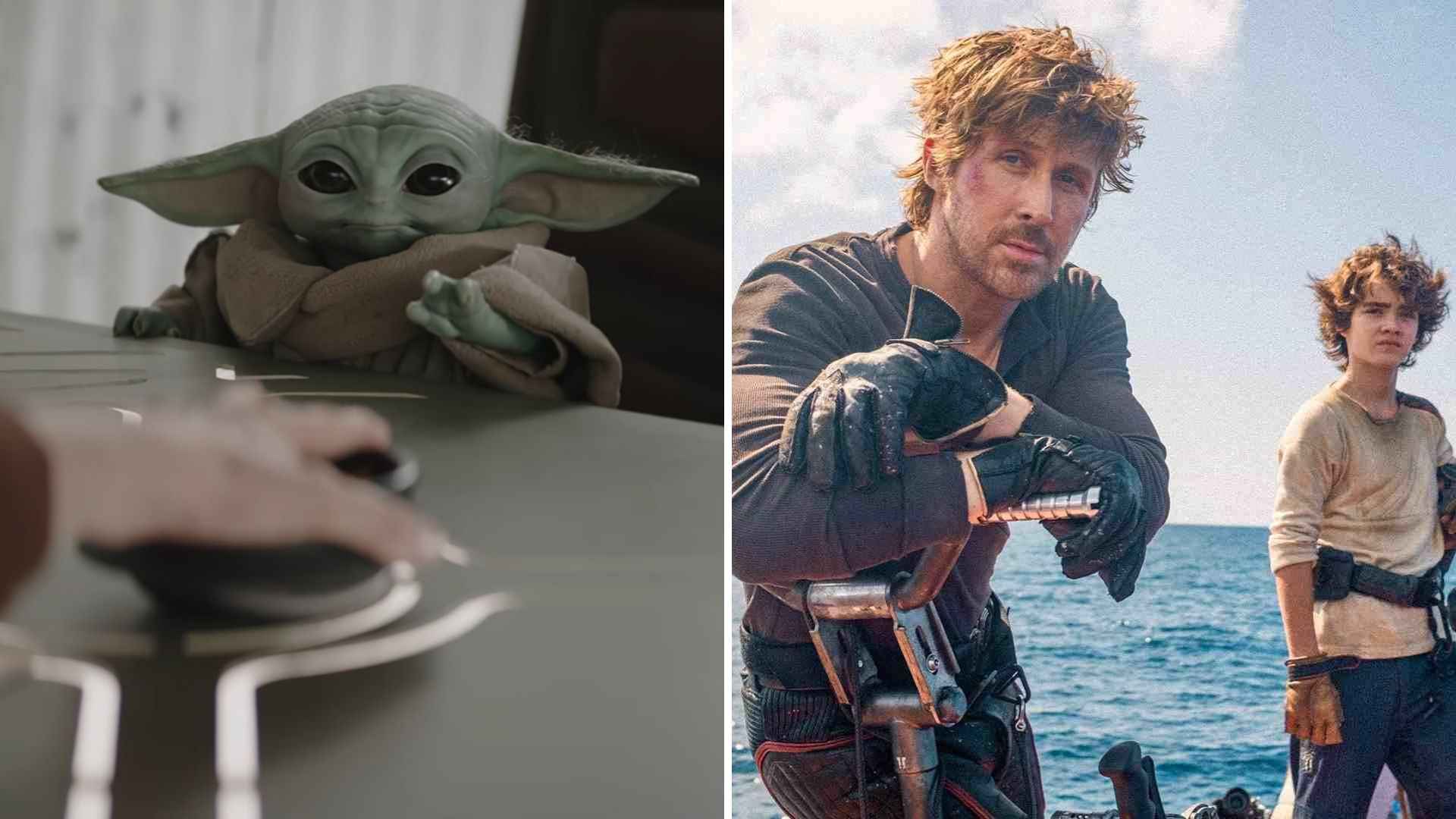 Grogu in The Mandalorian and Grogu. Ryan Gosling and Flynn Gray in Star Wars: Starfighter. Both courtesy of Lucasfilm/Disney.